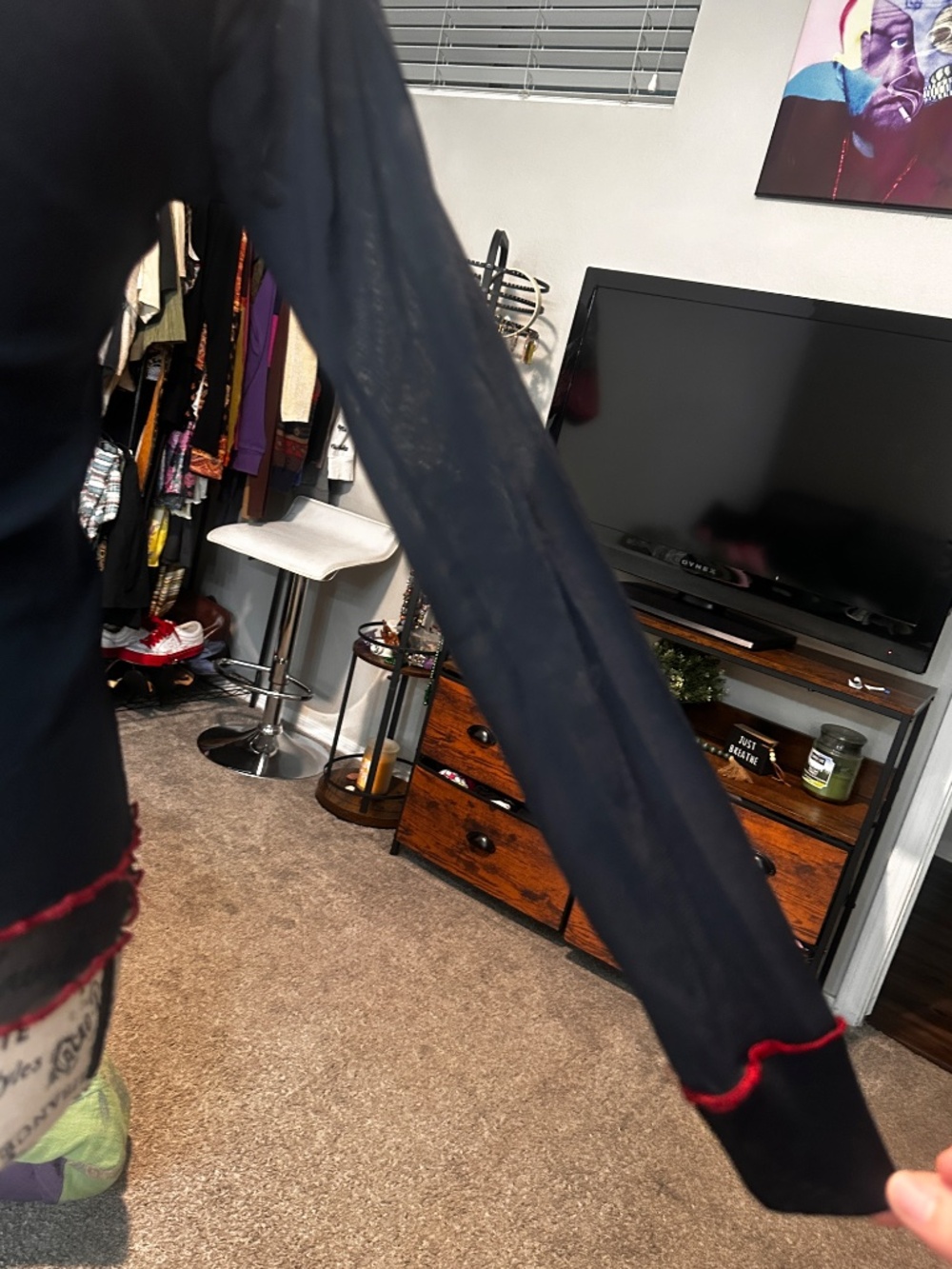 Black double layer mesh euro long sleeve top with red trim and intentional threa - Picture 8 of 9
